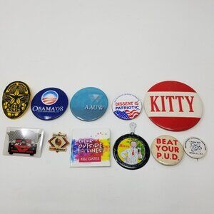 Lot of 11 Buttons Pins Most Vintage Celina Obama AAUW Kitty Portland Trailblazer